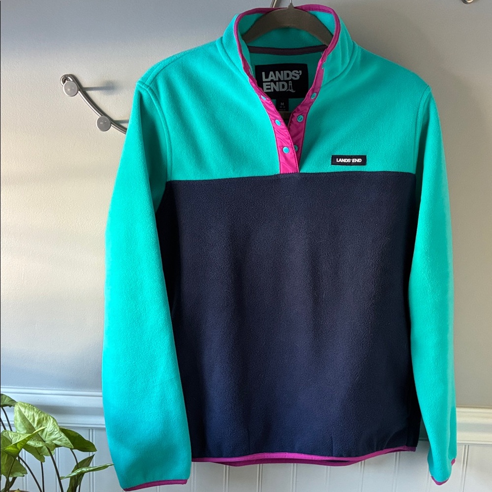 Lands' End Teal and Navy Fleece with Pink Trim
